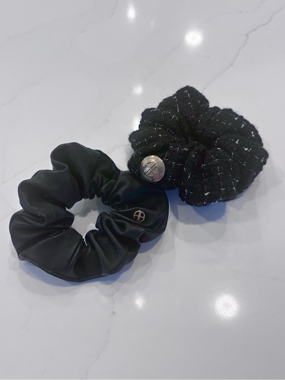 Anine Bing Camellia Hair Scrunchie and Gwinn Scrunchie Black Leather Tweed